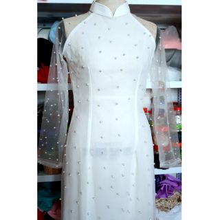 Áo dài ren hạt ngọc 2 lớp size M - quần lụa hoặc phi bóng Thái Tuấn cao cấp