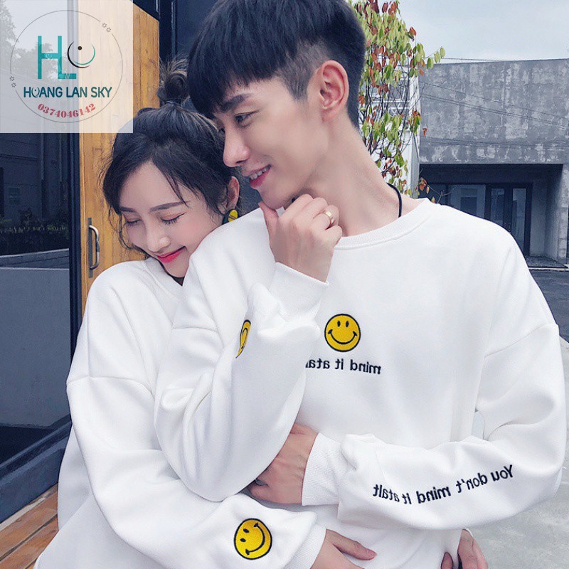 Áo nỉ áo cặp áo đôi tay dài In mặt cười và chữ cute (giá 2 áo) - có ảnh thật
