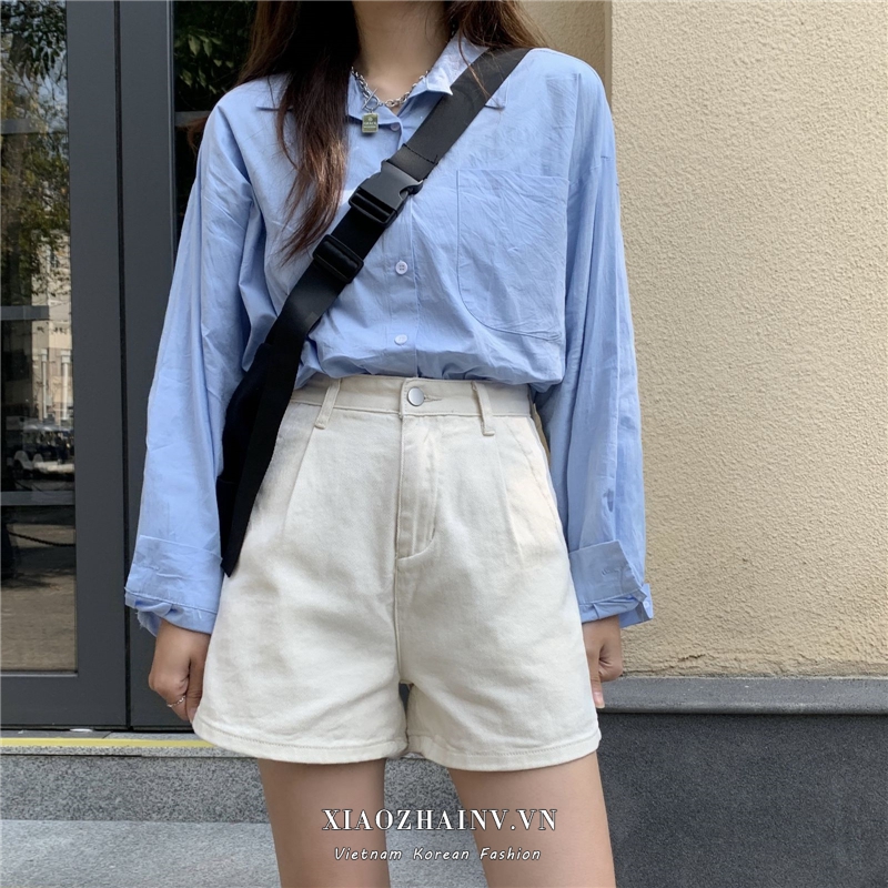 Xiaozhainv Quần Short Denim Lưng Cao Ống Rộng Kiểu Hàn Quốc 2 Màu Lựa Chọn Cho Nữ