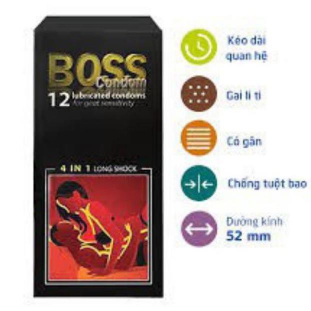 Bao Cao Su Boss 4 in 1 Gân Gai Kéo Dài - Hộp 12 Chiếc Chính Hãng xịn