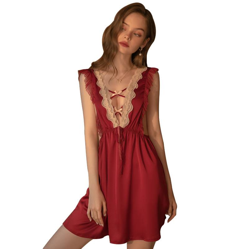 Bộ Đồ Ngủ Hai Dây Hở Lưng Phối Bèo Phong Cách Pháp Quyến Rũ Cho Nữ