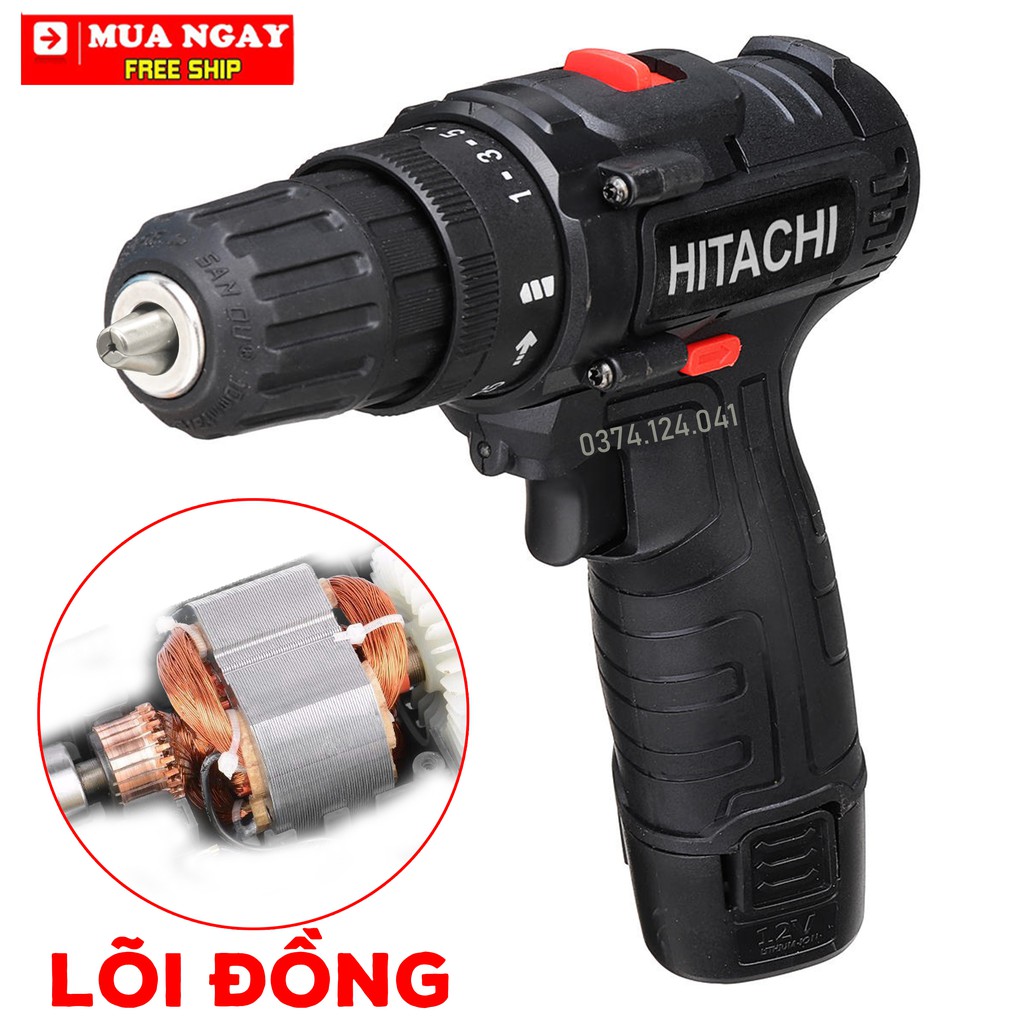 [GIÁ SỈ] Máy khoan DÙNG pin HITACHI 12V, Bắn Vít, Vặn vít - Khoan cầm tay 2 cấp tốc độ, 100% đồng, Siêu bền, Có Đèn