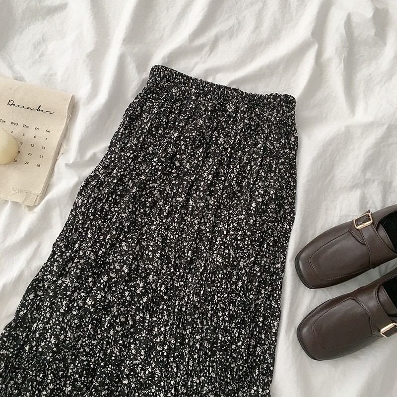 Chân váy midi dáng dài hoa bi liti Vintage nhẹ nhàng Hàn Quốc