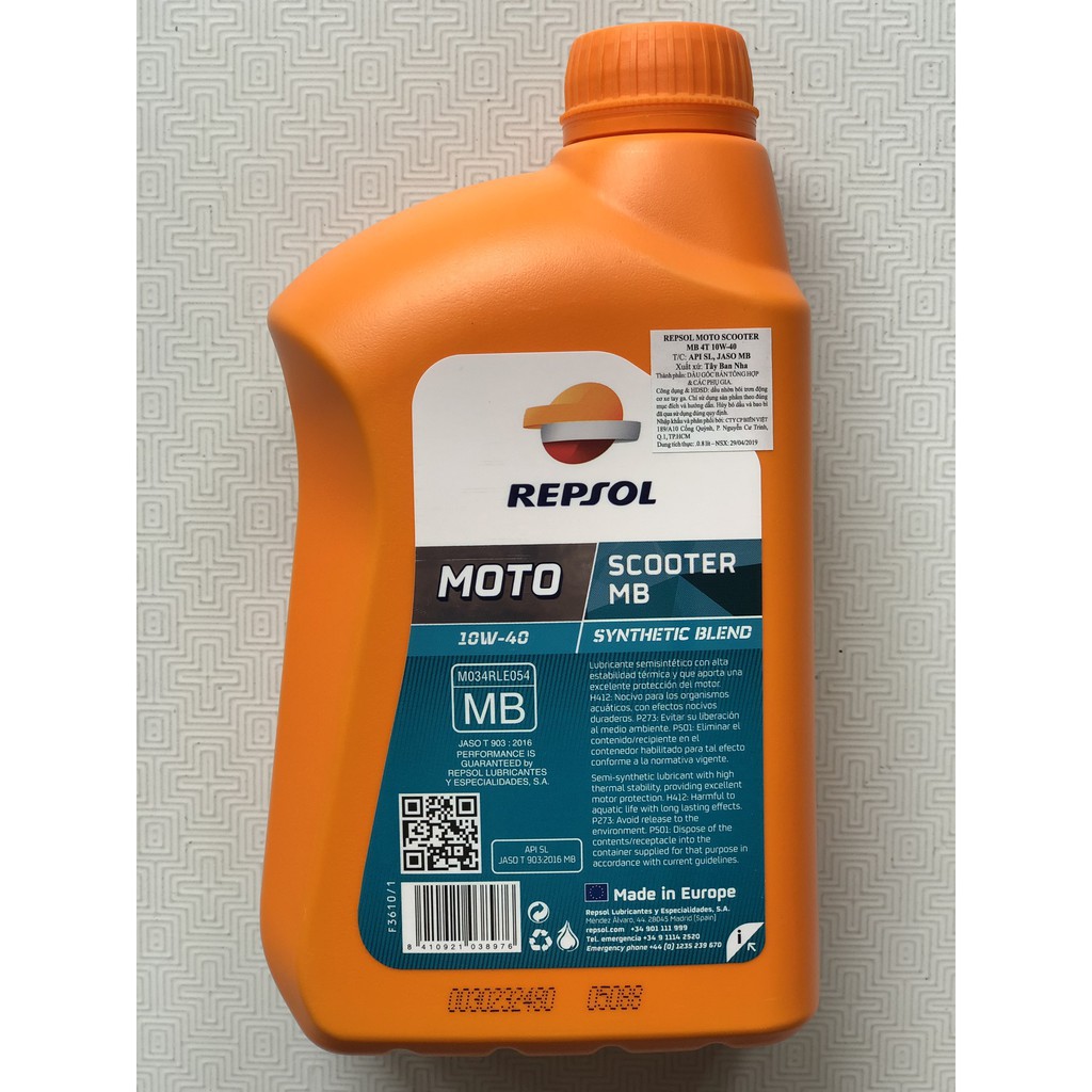 Dầu Nhớt cao cấp dành cho xe tay ga Repsol Scooter SynThetic 10W40 Chai 800ml