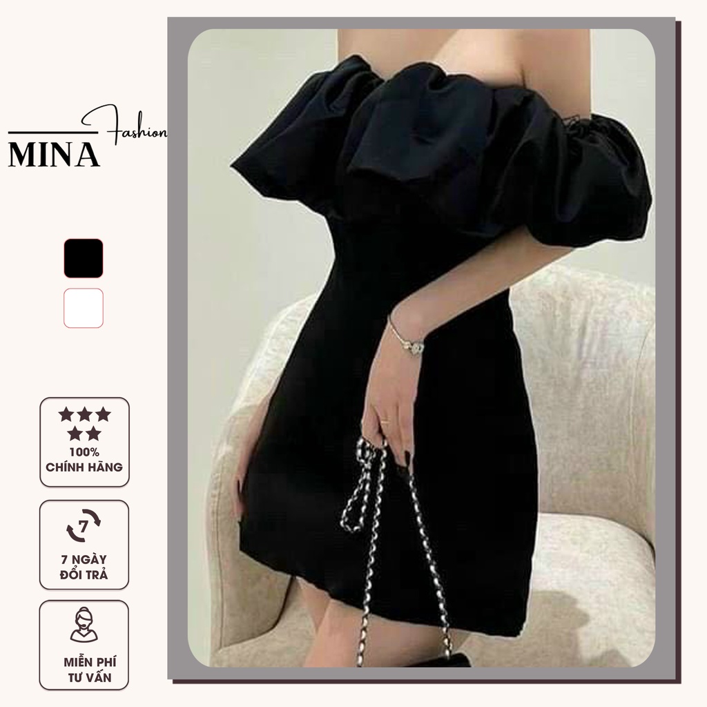 Đầm body trễ vai ngắn tay bồng váy babydoll ôm phối nhún ngực bánh bèo sexy dễ thương STOREMINA VD07