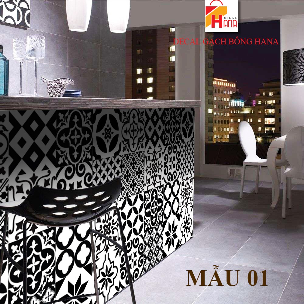 Decal Gạch Bông- set 32 ô (15x15) - KT 60x120cm - Decal dán tường decal dán bếp, các mẫu decal gạch bông đen trằng