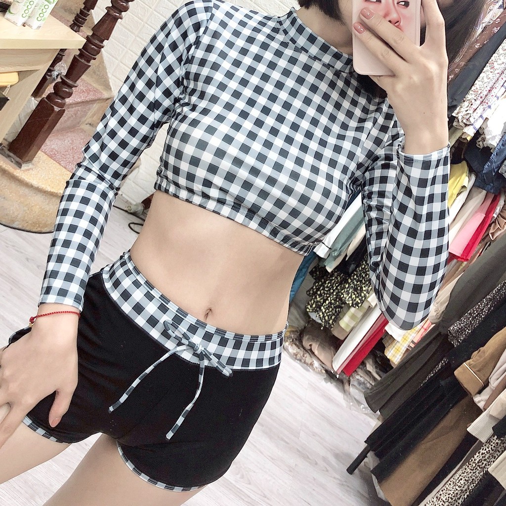 Bikini 2 mảnh quần đùi kẻ caro, bộ bơi rời tắm biển cho nữ kín đáo Bikini191