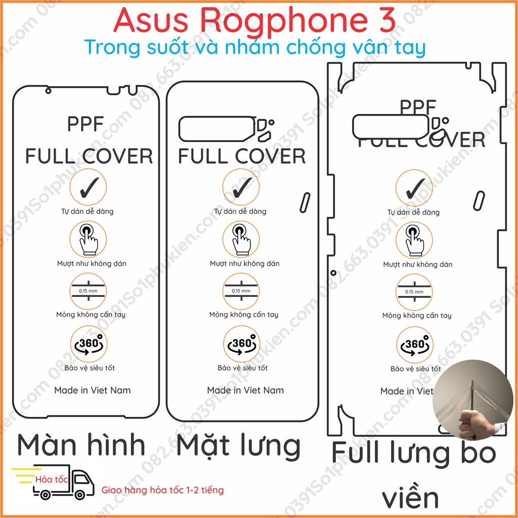 Dán PPF Rogphone 3 loại trong, nhám dành cho màn hình, mặt lưng, full lưng bo viền