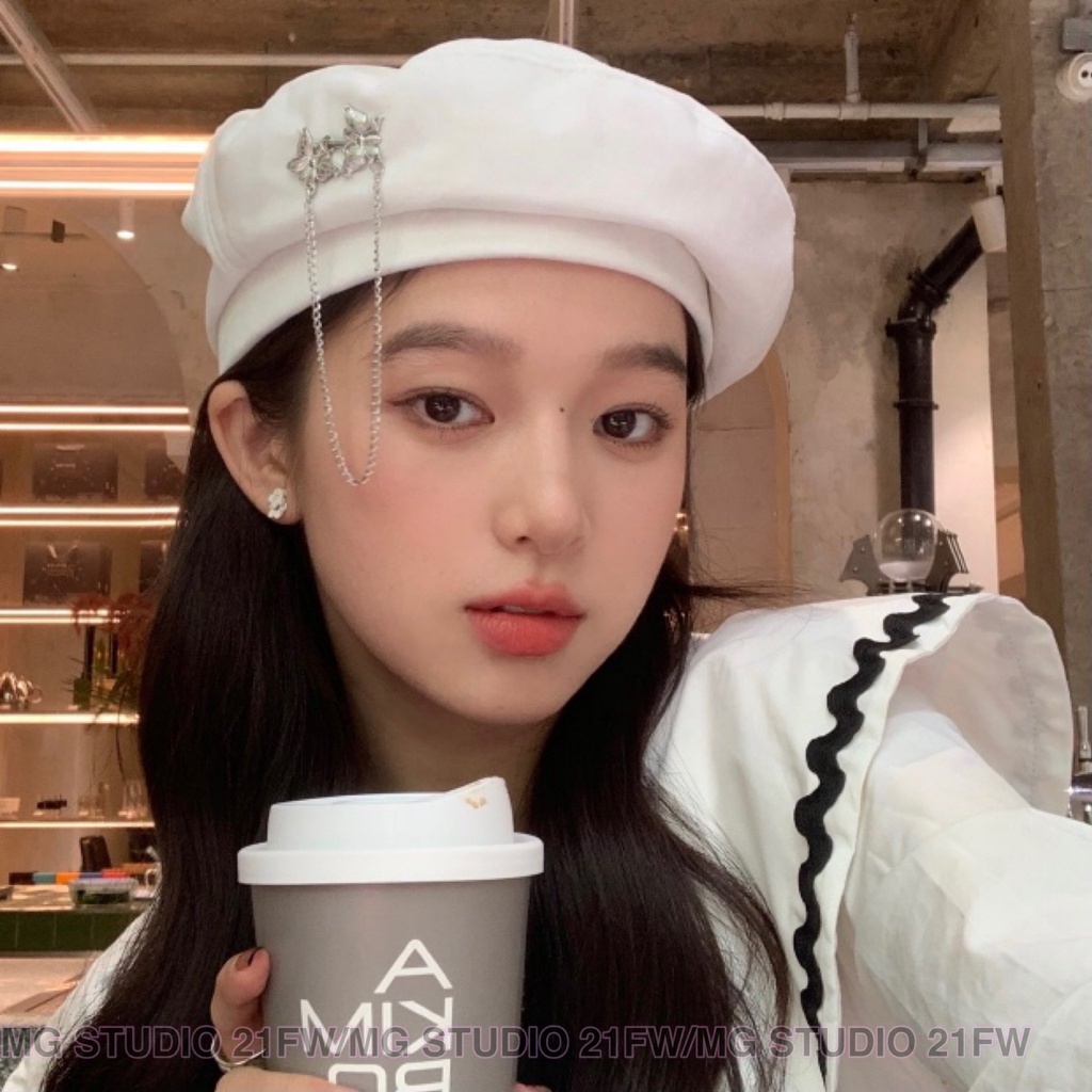 Mũ beret MG STUDIO trang trí nút hình bướm bạc 3 màu sắc tuỳ chọn
