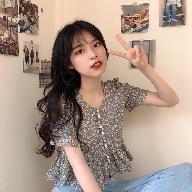 Áo Sơ Mi In Họa Tiết Hoa + Chân Váy Lưng Cao Xinh Xắn Theo Phong Cách Hàn Quốc Dành Cho Nữ