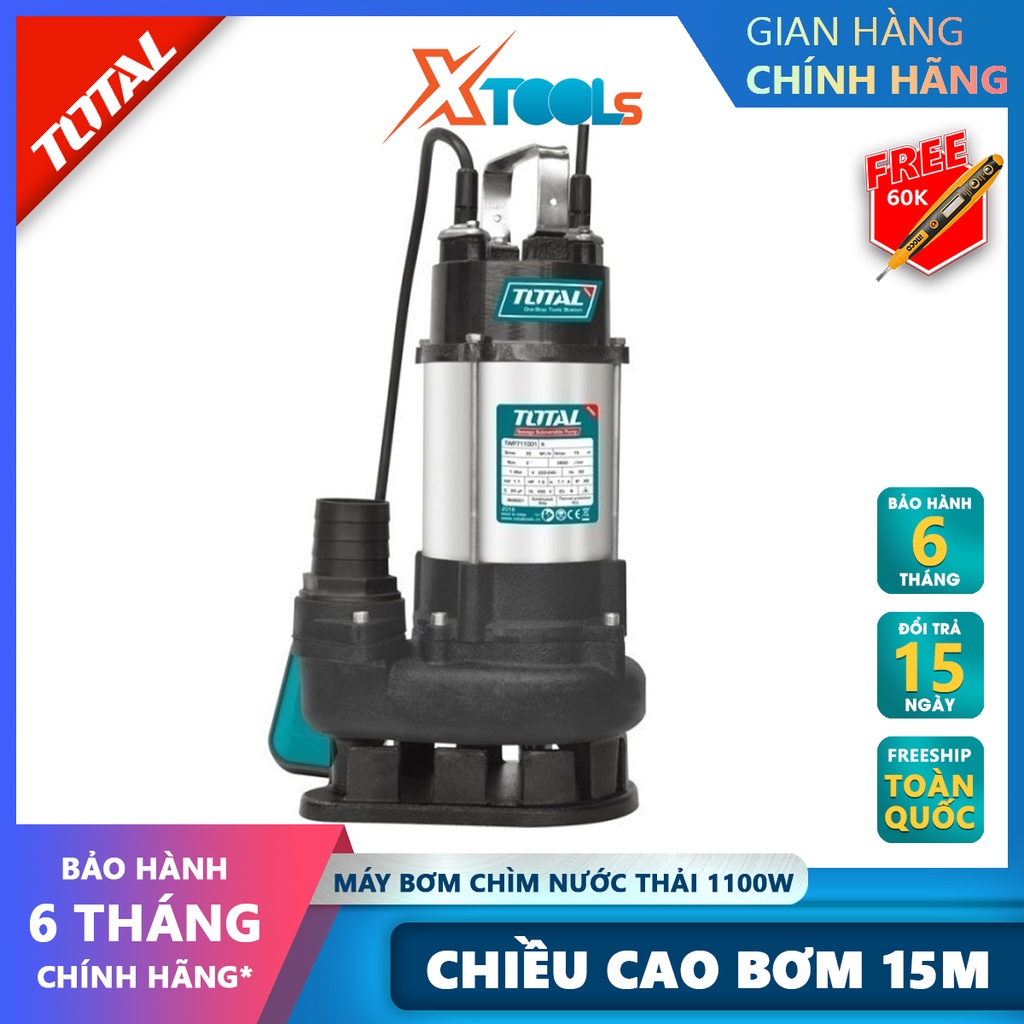 Máy bơm chìm chất thải TOTAL TWP7110016 Máy bơm chìm nước thải 1100W (1.5HP) Tốc độ dòng chảy 22M3/h tưới tiêu, bơm hút