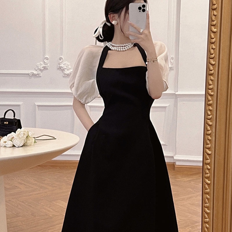 IELGY Đầm cổ vuông tay phồng màu đen thời trang cho nữ