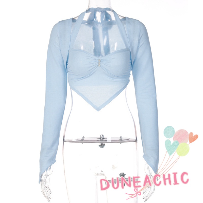 DUNEA Áo Sơ Mi Tay Dài Cổ Yếm Xếp Ly Thiết Kế Ngọt Ngào Cho Nữ