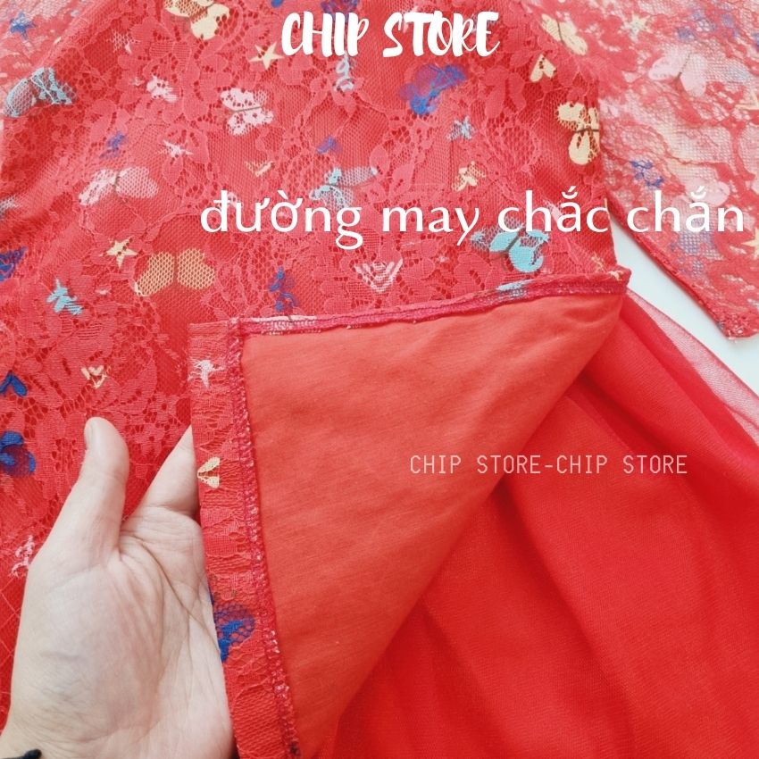 Áo dài mẹ bé cách tân CHIP STORE Thân áo ren đỏ cao cấp phối chân váy xòe bồng bềnh như công chúa