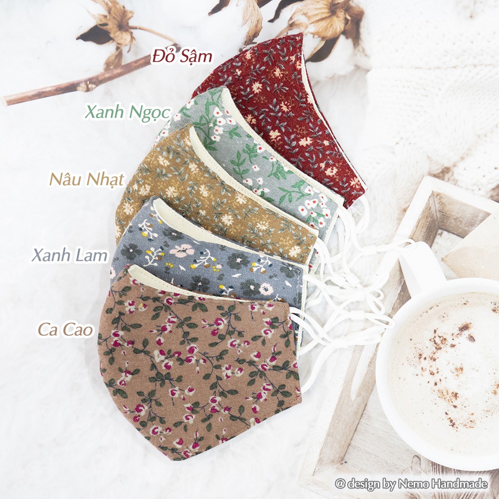 Khẩu Trang 3 Lớp Linen Hoa Vintage Nemo Handmade, Có Nút Điều Chỉnh Dây Phù Hợp Với Mọi Gương Mặt - KTLNH5M