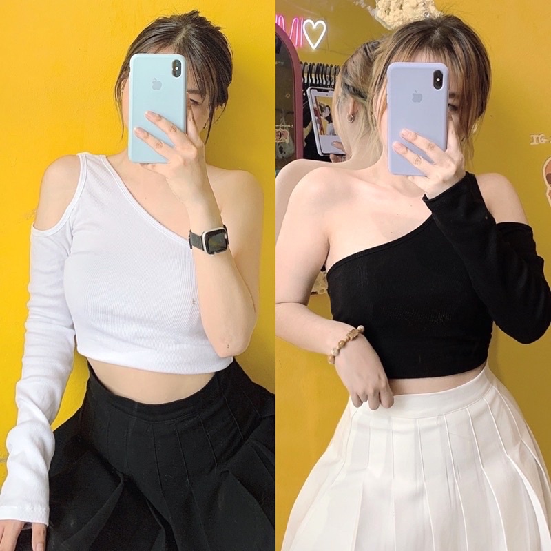 Áo cropptop tay dài khoét vai , xéo 1tay thun co giãn