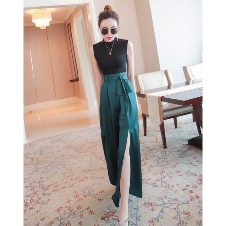 Set Bộ công sở áo thun quần xẻ tà, Set áo thun gân mix quần tây ống rộng xẻ tà | BigBuy360 - bigbuy360.vn