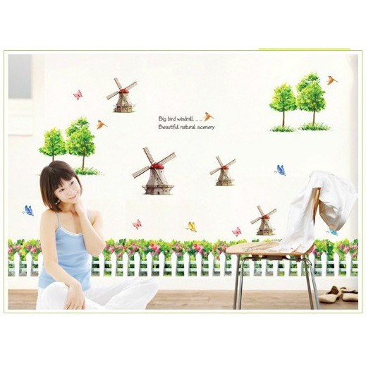 Tranh decal dán tường CỐI XAY GIÓ VÀ HOA cho bé - Decal dán tường️