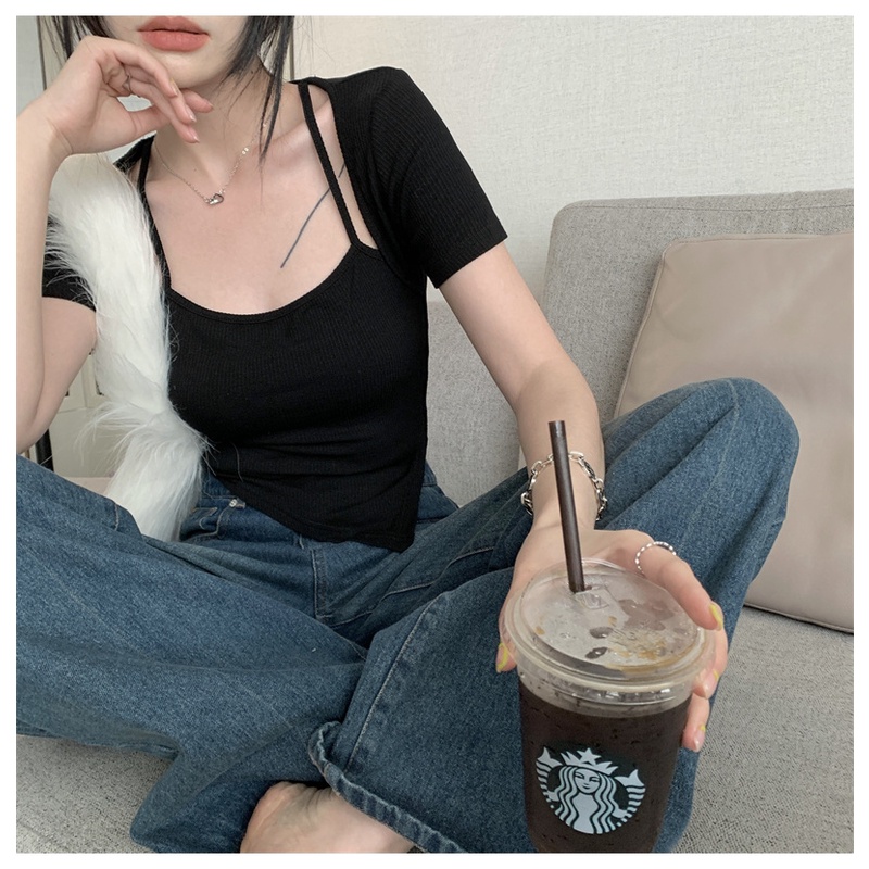 Áo Thun Croptop Tay Ngắn Phong Cách Thời Trang Hàn Quốc Dành Cho Nữ