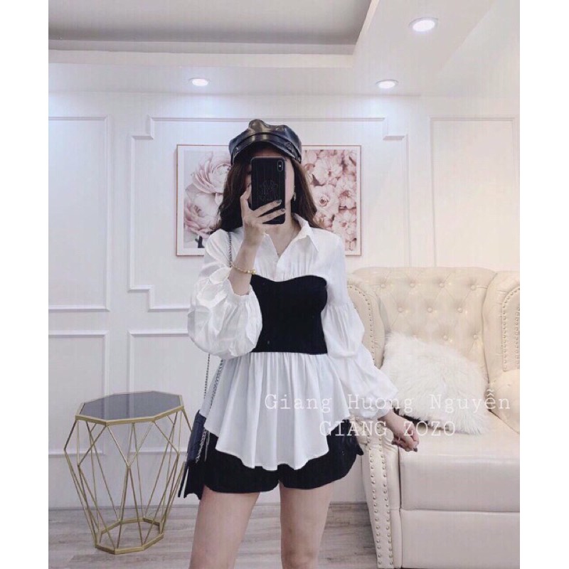 Áo sơ mi tay bồng phối đen trắng | BigBuy360 - bigbuy360.vn