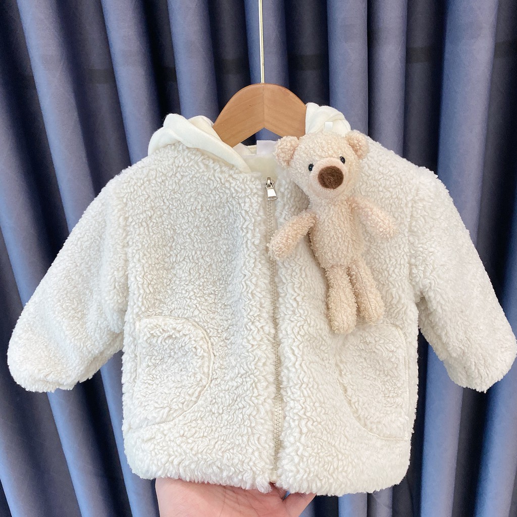 Áo khoác lông trẻ em kèm gấu, Áo khoác cho bé lót lông giữ nhiệt siêu ấm 8-17kg - A098