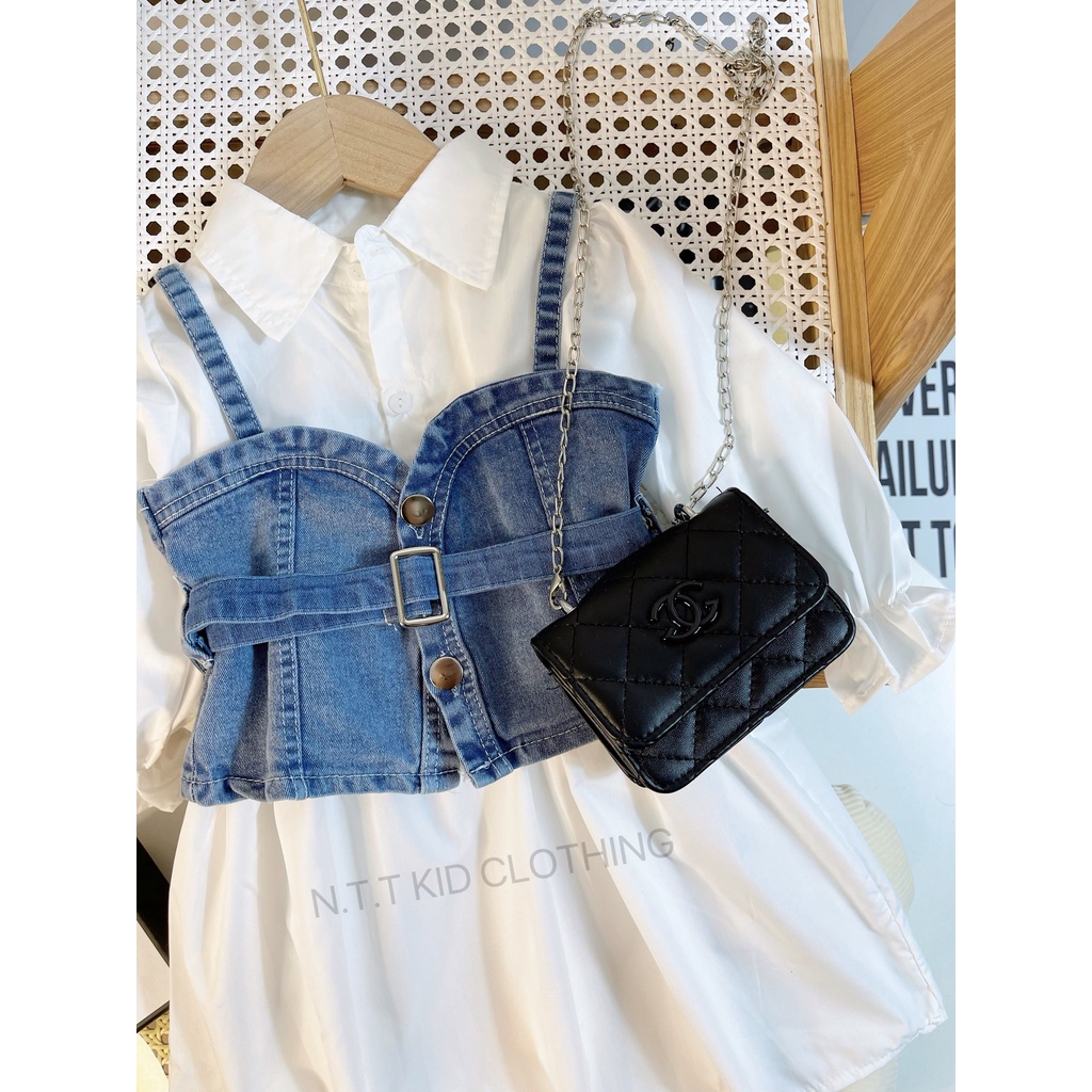 Sét váy bò kèm áo cho bé gái, set váy sơ mi trắng kèm áo yếm jeans sành điệu cho bé size 13-32kg