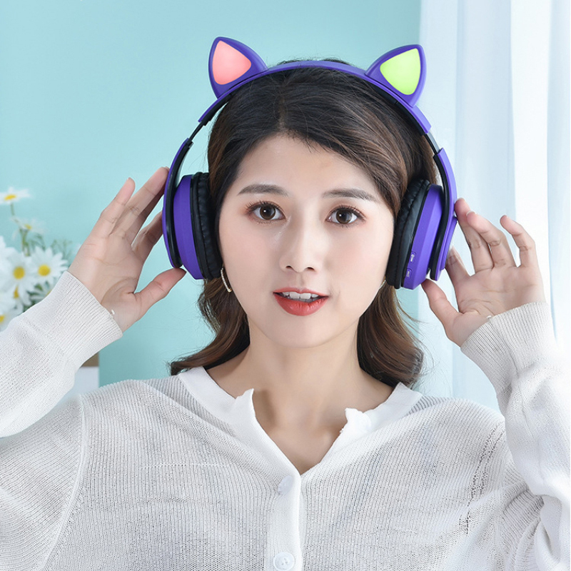 Tai Nghe Bluetooth 5.0 Không Dây Hình Tai Mèo Có Đèn Led Kèm Mic Cho Pc Laptop Điện Thoại