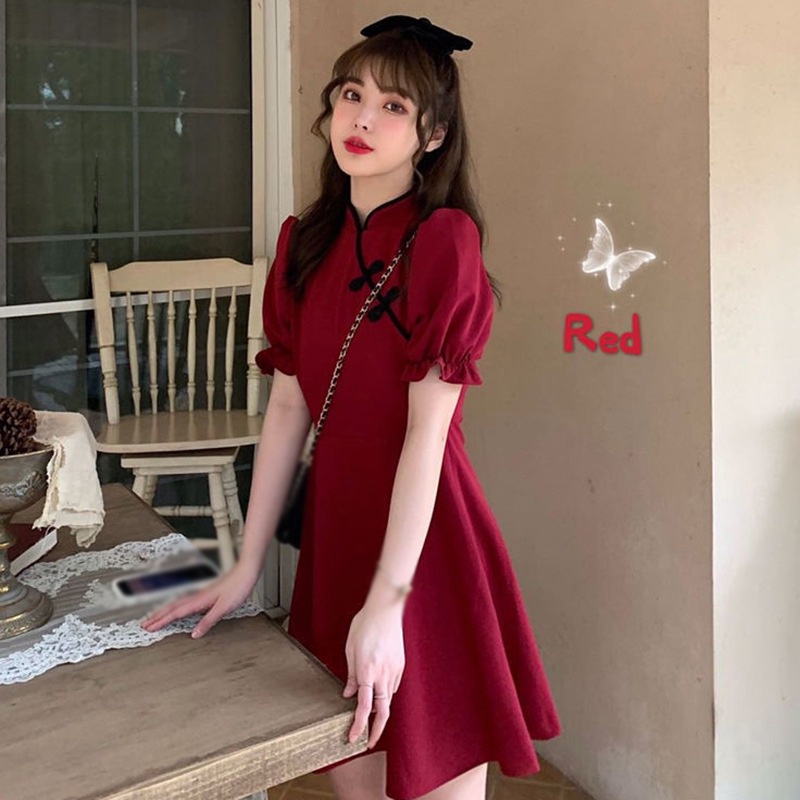 Đầm Sườn Xám Tay Ngắn Màu Sắc Trơn Thời Trang Xinh Xắn Cho Nữ