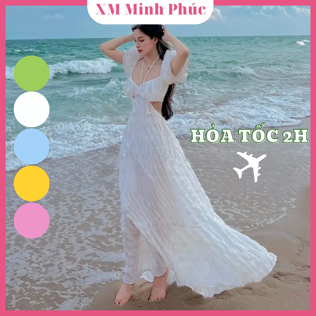 Đầm Đi Biển Maxi, Đầm Váy Maxi Đi Biển Dáng Dài Xòe Hở Lưng Thiết Kế Tay Bồng Cổ Yếm Sang Chảnh- Thời Trang Nữ Minh Phúc | BigBuy360 - bigbuy360.vn