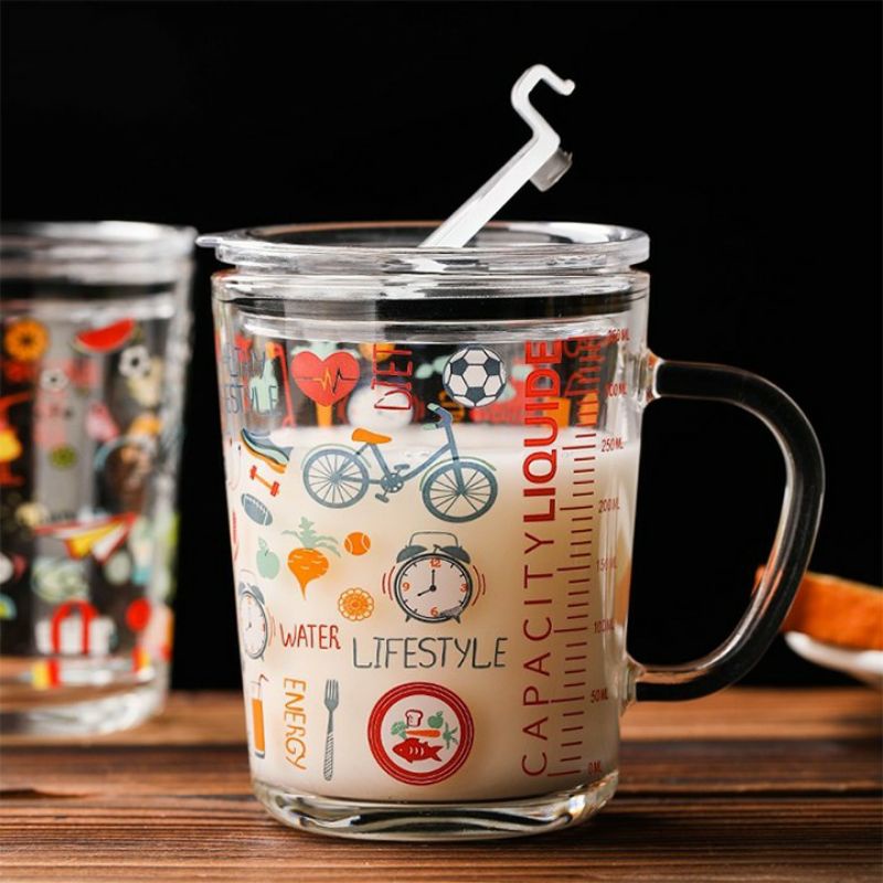 Cốc chia vạch thủy tình có nắp đậy, bình hút cho bé size 350ml