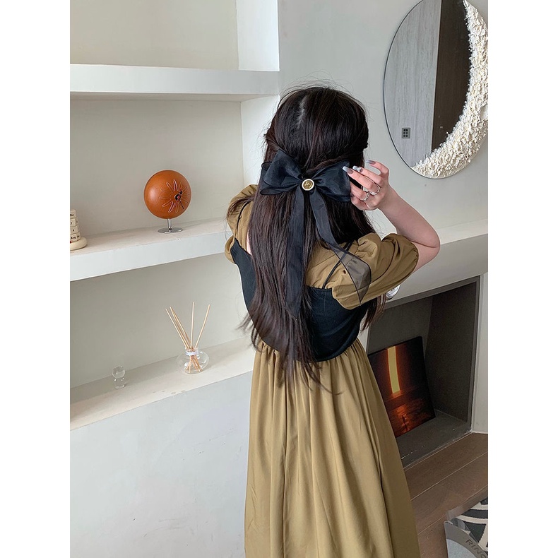 Set Áo Tay Phồng Cổ Vuông + Chân Váy Chữ A Lưng Cao Thời Trang Nữ retro