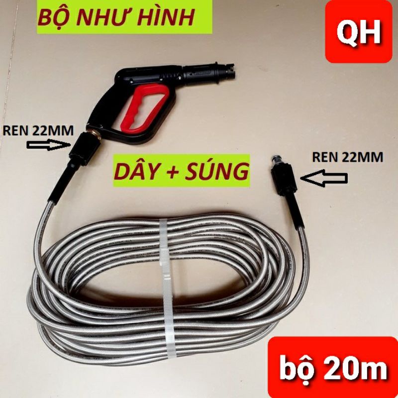 Bộ 10M - 15M - 20M - 30M dây rửa xe và súng xịt cò đỏ + súng rửa xe áp lực cao ren 22mm