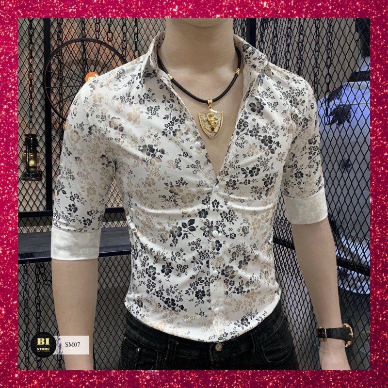 áo sơ mi nam tay dài hoạ tiết hoa nhí vải lụa 3d in ép, form ôm, đi chơi, đi làm, sơ mi mới 2020