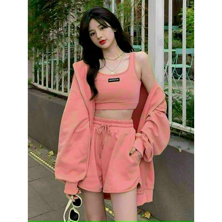 (Sale FreeShip) Sét nữ 3 món áo khoát from rộng có nón kèm áo 2 dây croptop mix quần có túi,chất cotton mềm mịn dễ mặc