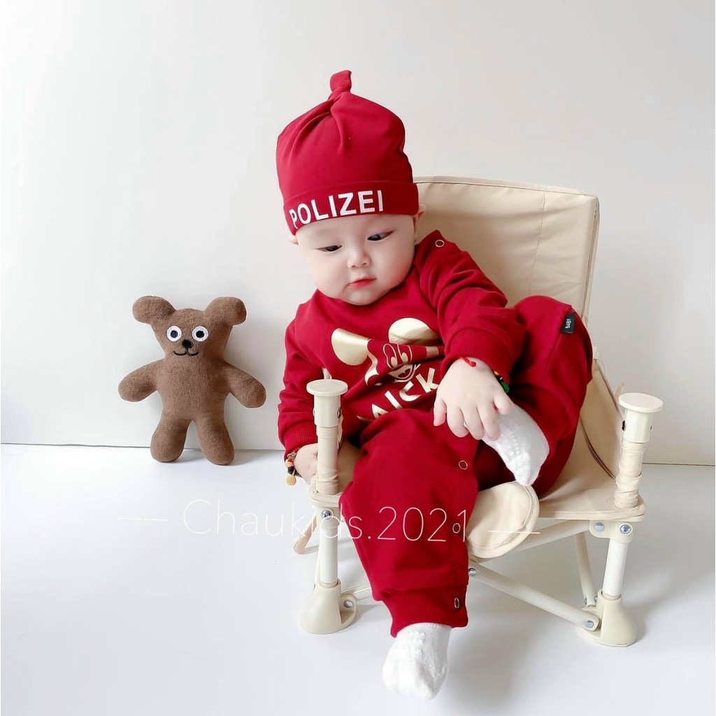 Body dài tay liền thân cài vai màu Đỏ chất cotton TẶNG KÈM MŨ bé trai và bé gái sơ sinh từ 3-12kg - BD36
