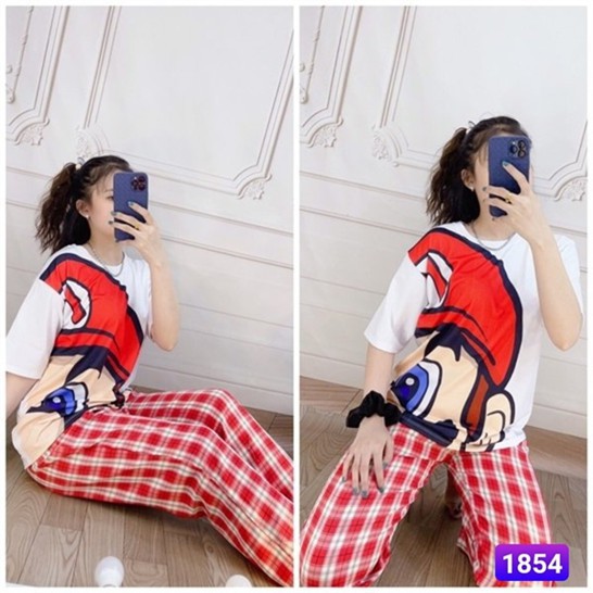 Set đồ bộ quần caro vải kate cartoon hoạt hình .Unisex form rộng SunnyHouse Mã SP001857