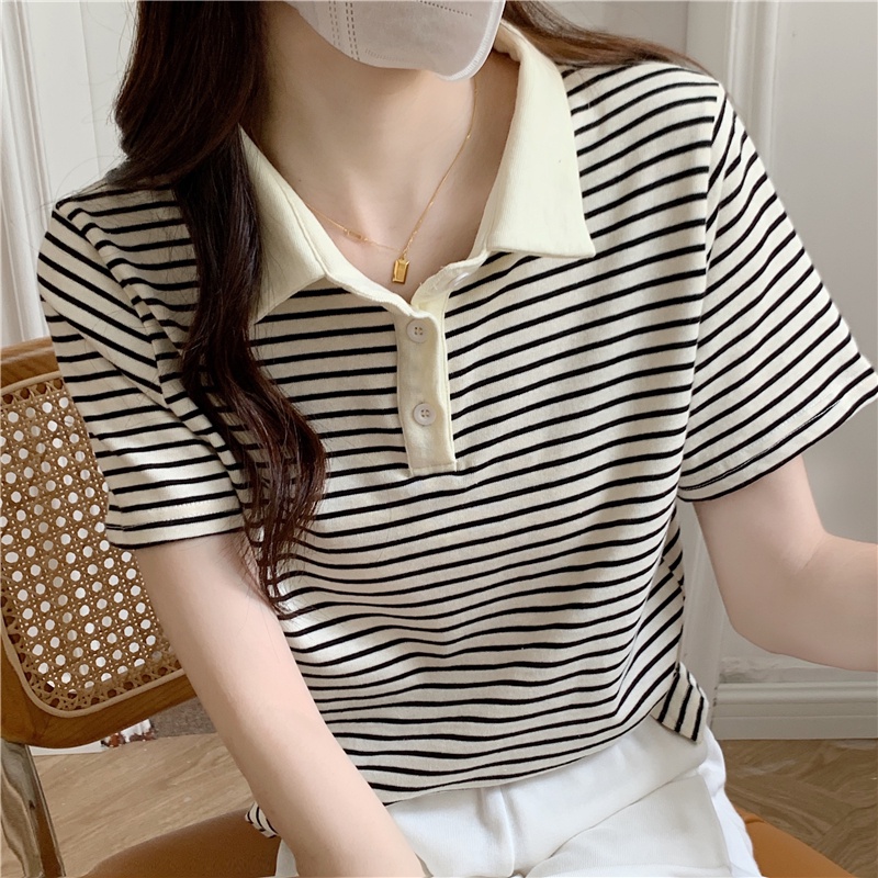 Áo polo cotton Tay Ngắn Dáng Rộng Họa Tiết Kẻ Sọc Thời Trang Mùa Hè 2022 Mới Cho Nữ
