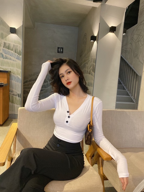 Áo Croptop Tay Dài Thun Gân Cổ Tim Hh Vintage [ ẢNH THẬT 100% ]