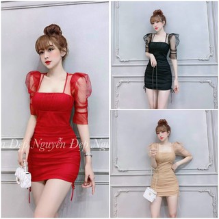 Đầm body nhún sườn xếp ly phối lưới kèm mút