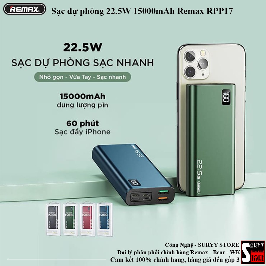Sạc dự phòng 22.5W 15000mAh Remax RPP17, chất liệu hợp kim sang trọng và siêu bền - Bảo hành 6 tháng