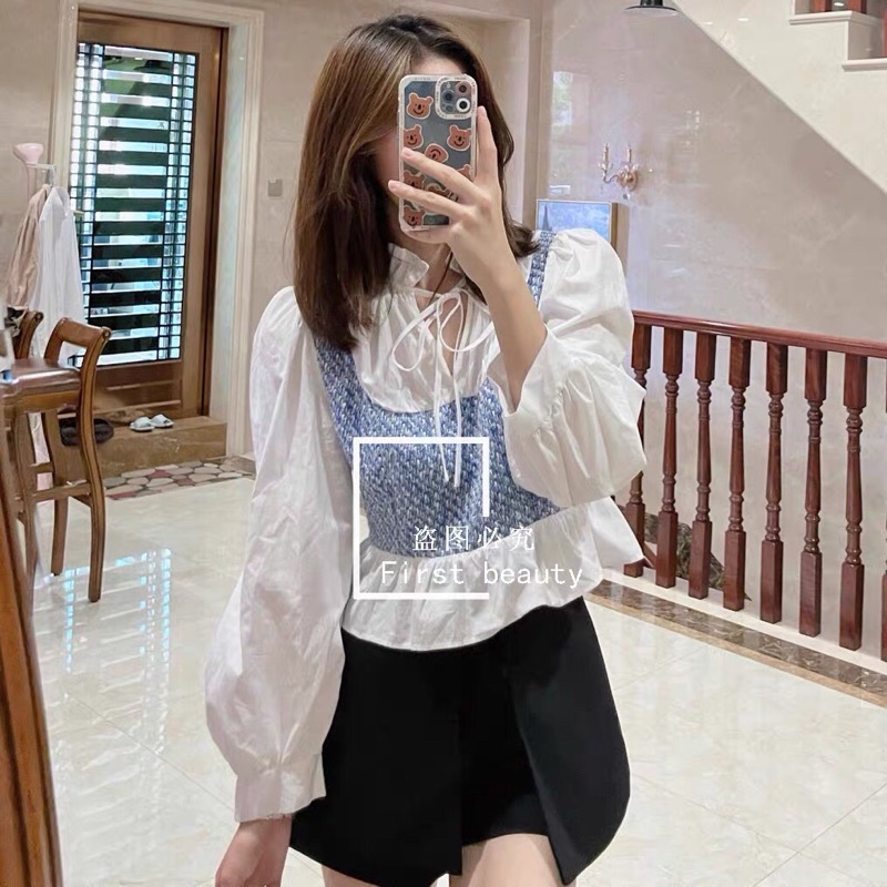 Áo SơMi Phối Dạ Tweet Xanh Cổ Bèo