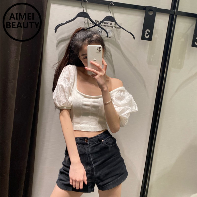 Áo Croptop Cổ Vuông Tay Phồng Thêu Họa Tiết Retro Thời Trang Hè 2021 Cho Nữ