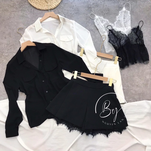 SET 3 món áo sơ mi kèm áo bra chân váy BIGSIZE 55-90kg L-XL-XXL màu Đen/Trắng