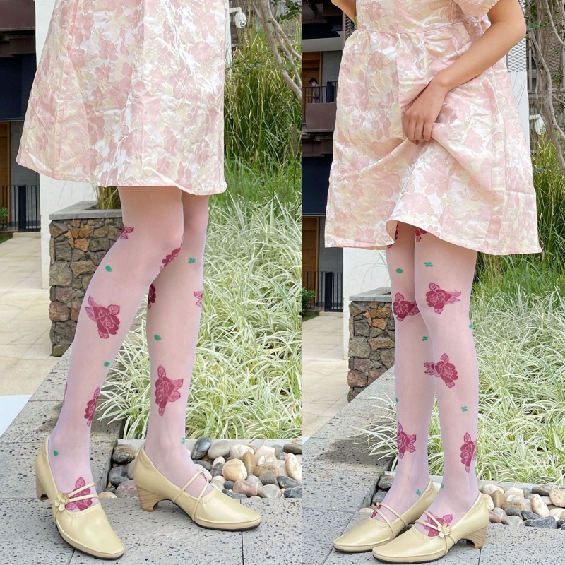 Quần tất chất lụa họa tiết hoa phong cách lolita Pháp thanh lịch ngọt ngào cho nữ