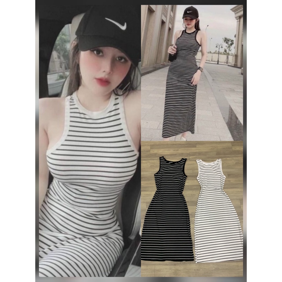 Đầm ôm body ba lỗ Form dài sọc ngang chất thun gân mặc siêu tôn dáng luôn