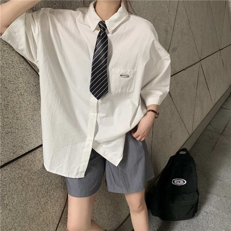 Short-sleeved sun-proof shirt embroidered outerwear student shirt college style Korean style tie loose 2021 summer women's wear 04m7