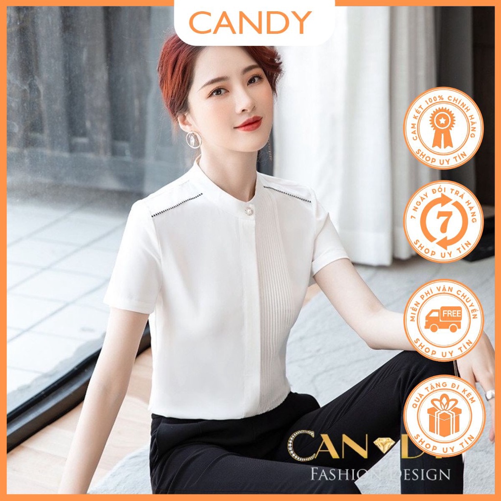 Sơ Mi Công Sở Nữ  Ngắn Tay Cổ Tàu Xếp Ly 1 Bên Ngực Chất Lụa Mềm Mát  A257 - Candy Fashion