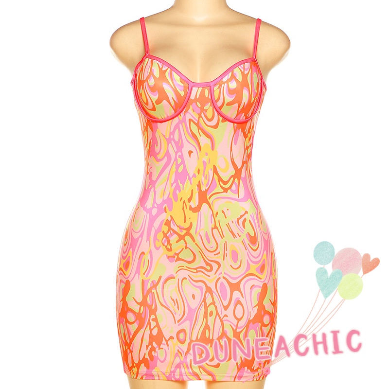 DUNEA Đầm Hai Dây Hở Lưng In Họa Tiết Thời Trang Cho Nữ