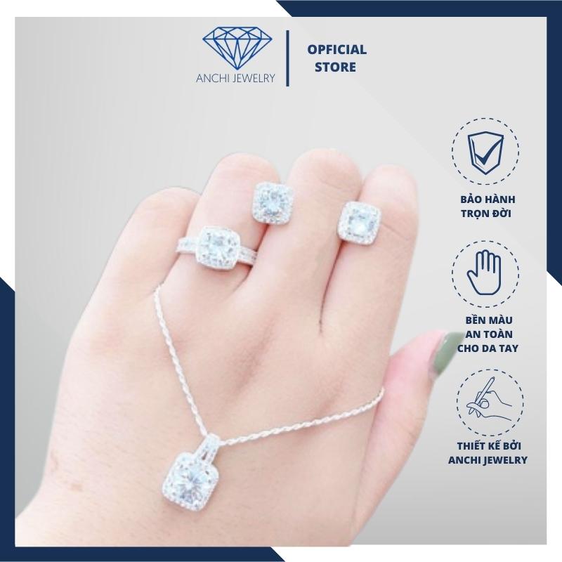 Bộ trang sức bạc nữ - dây chuyền - nhẫn - bông tai - lắc tay đính đá vuông, Anchi jewelry