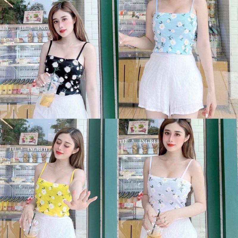 ÁO 2 DÂY HOA CÚC ❤️ÁO BRA HOẠ TIẾT❤️ Chất thun tăm co dãn về đủ 4 màu